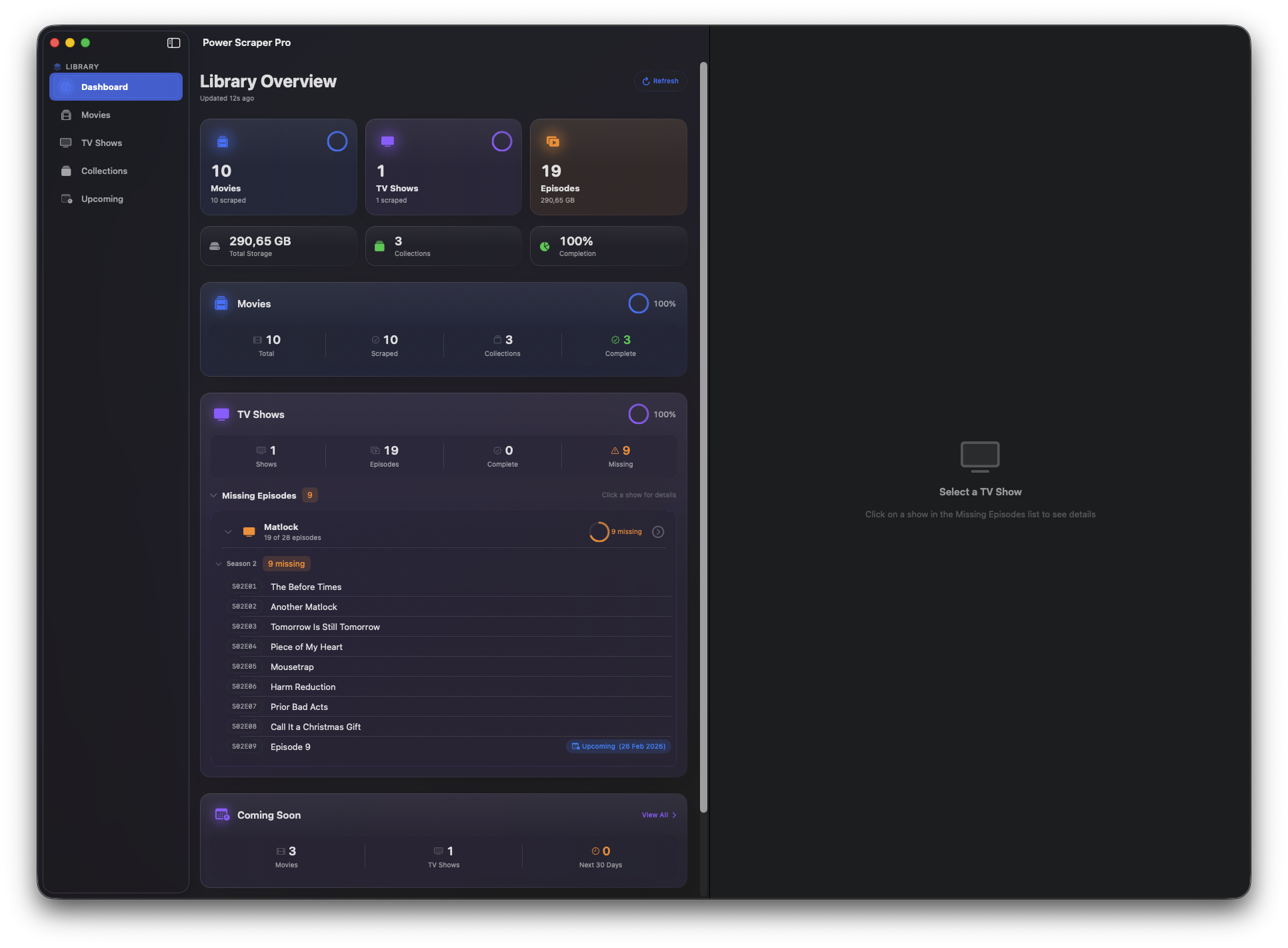 Power Scraper Pro dashboard showing library overview with movies, TV shows, and storage statistics