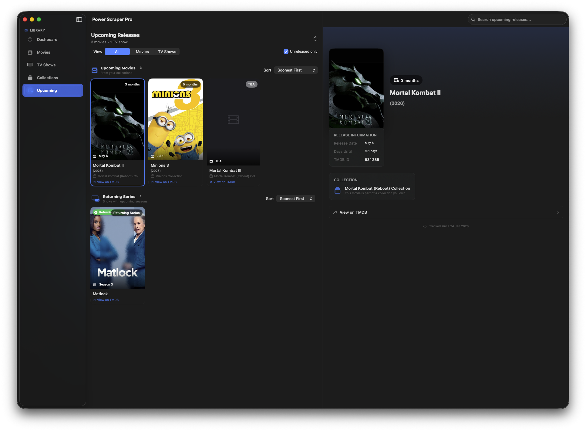 Upcoming releases view showing movies and returning TV series with release dates