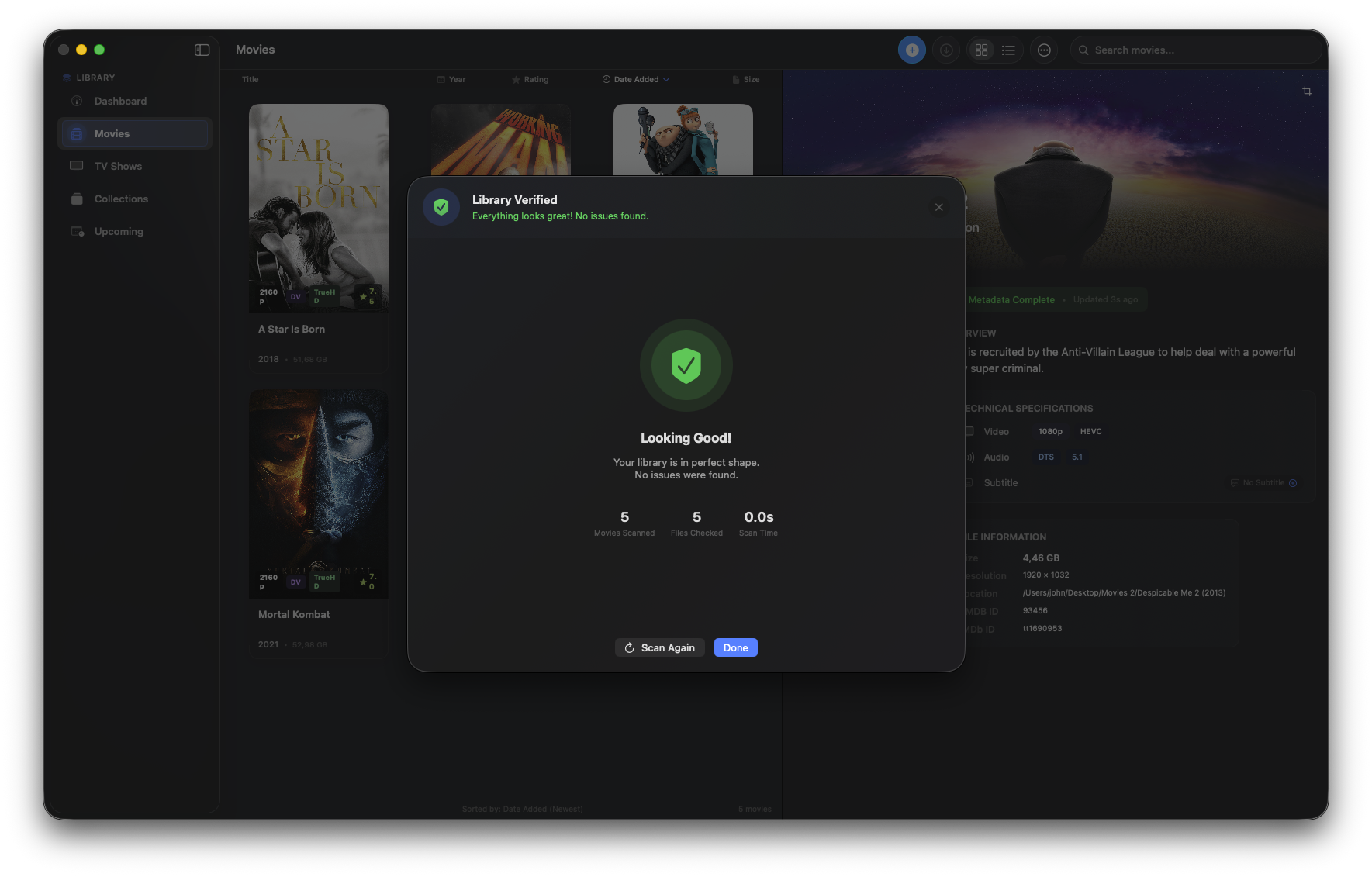 Library verification complete showing green checkmark and healthy status